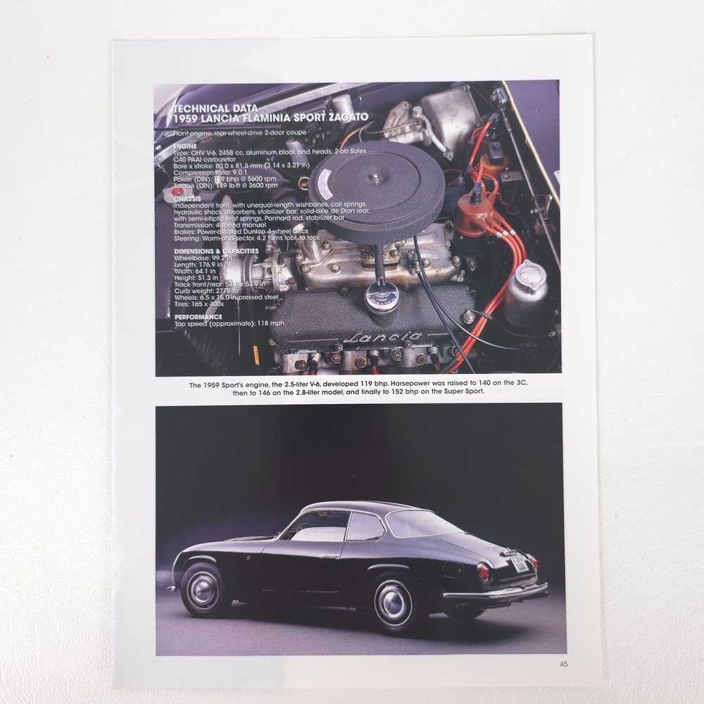 Lancia Flaminia Sport Zagato Print Ad 1959 Spec Sheet 1998 Promo Advertisment